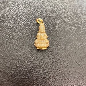14K Real Solid Gold Genuine Jade Kwan Yin Brown Buddha Pendant  - Small